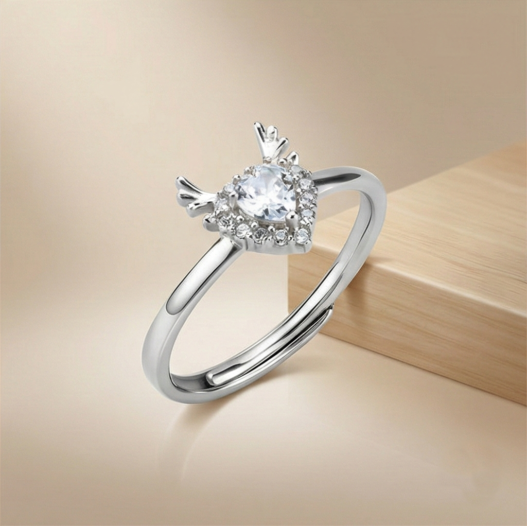 925 Sterling Silver Winged Heart Halo Adjustable Ring Jewellery for Women