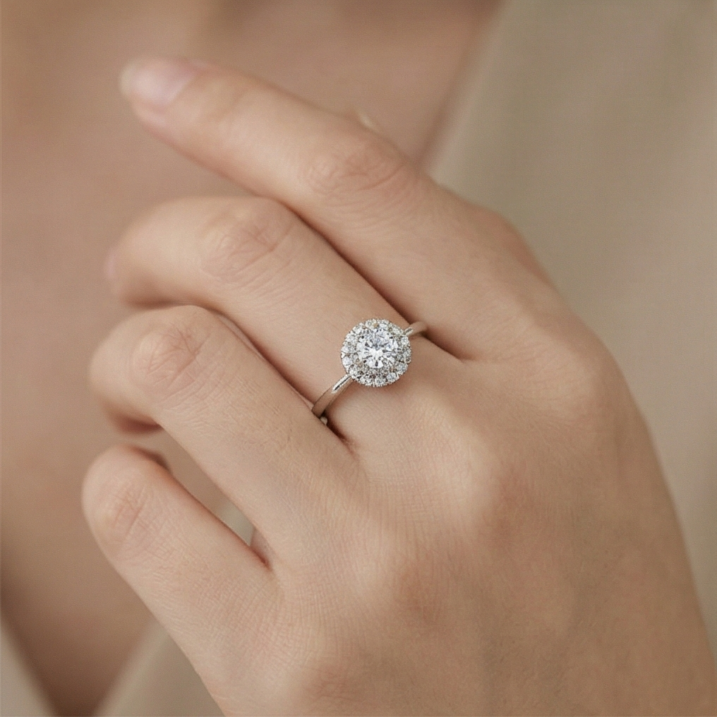 925 Sterling Silver Classic Round Halo Solitaire Adjustable Ring Jewellery for Women