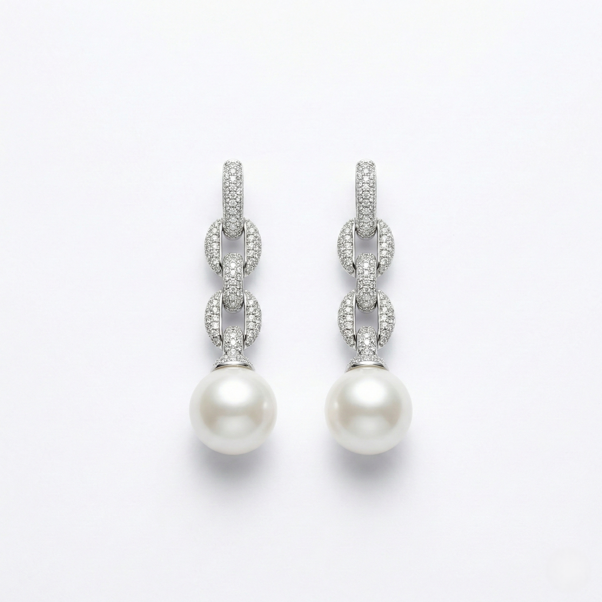 925 Sterling Silver Pave Link Pearl Drop Earrings Bridal Jewellery for Women