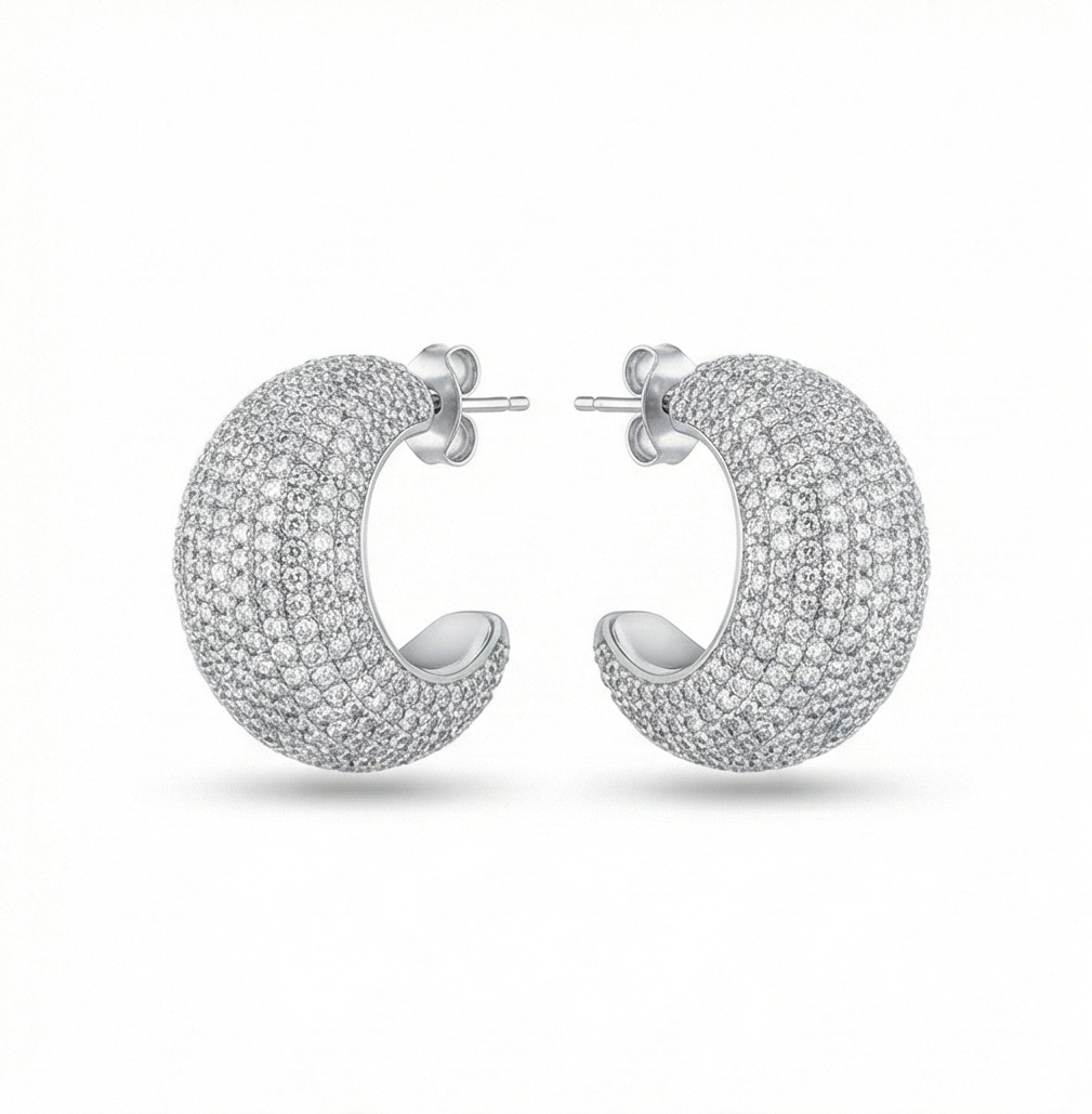 925 Sterling Silver Pave Set Chunky C-Hoop Earrings Statement Jewellery for Women High Polish Silver Finish