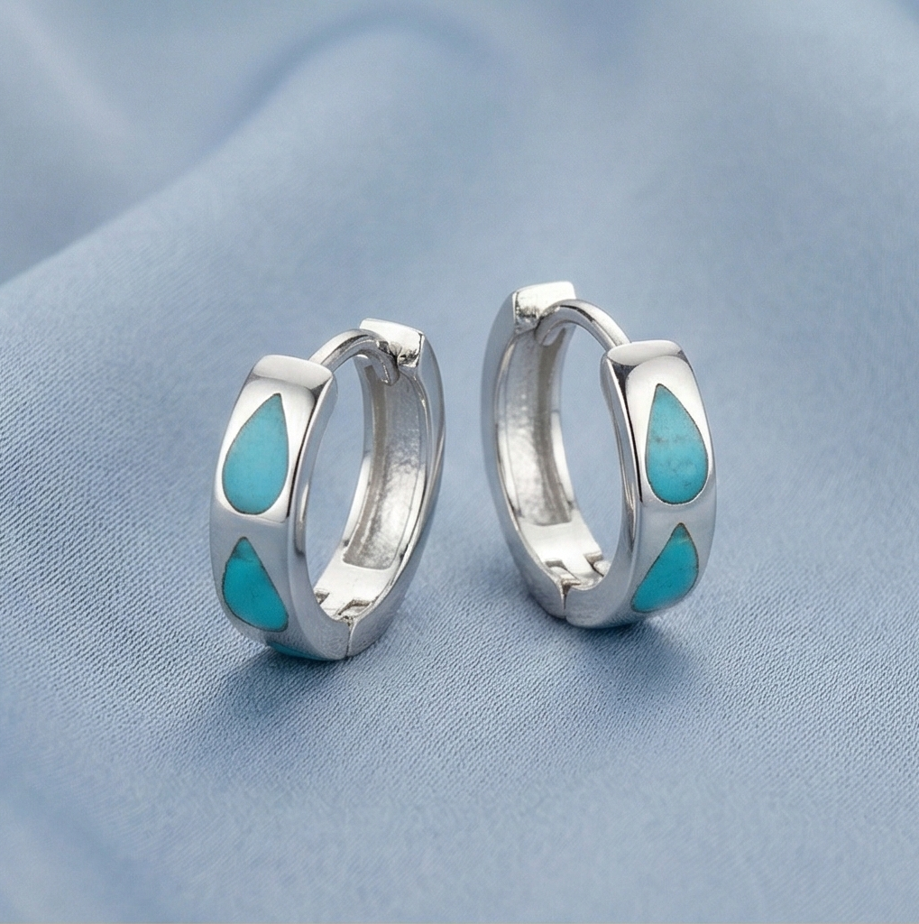 925 Sterling Silver Turquoise MOP Teardrop Huggie Hoop Earrings Minimalist Jewellery for Women