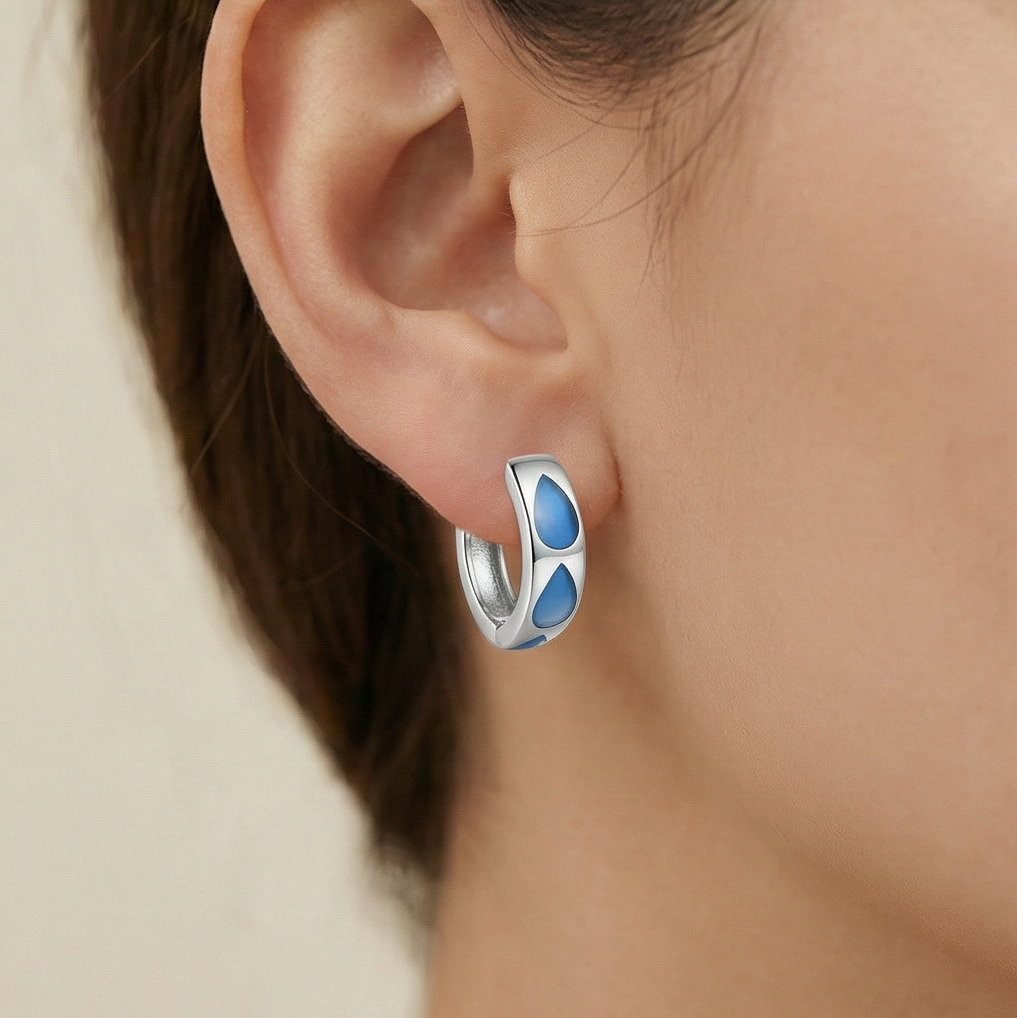 925 Sterling Silver Blue Teardrop MOP Inlay Huggie Hoop Earrings Modern Jewellery for Women