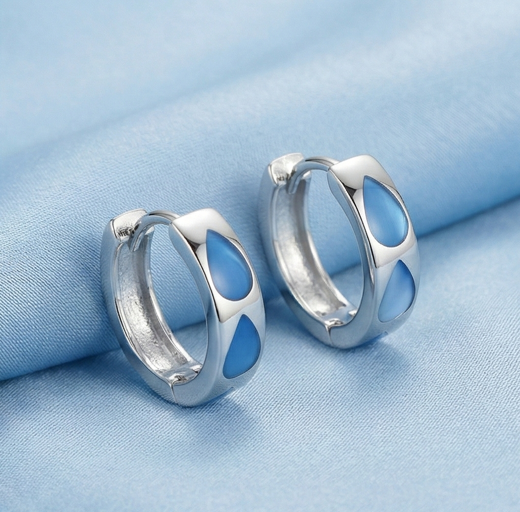 925 Sterling Silver Blue Teardrop MOP Inlay Huggie Hoop Earrings Modern Jewellery for Women