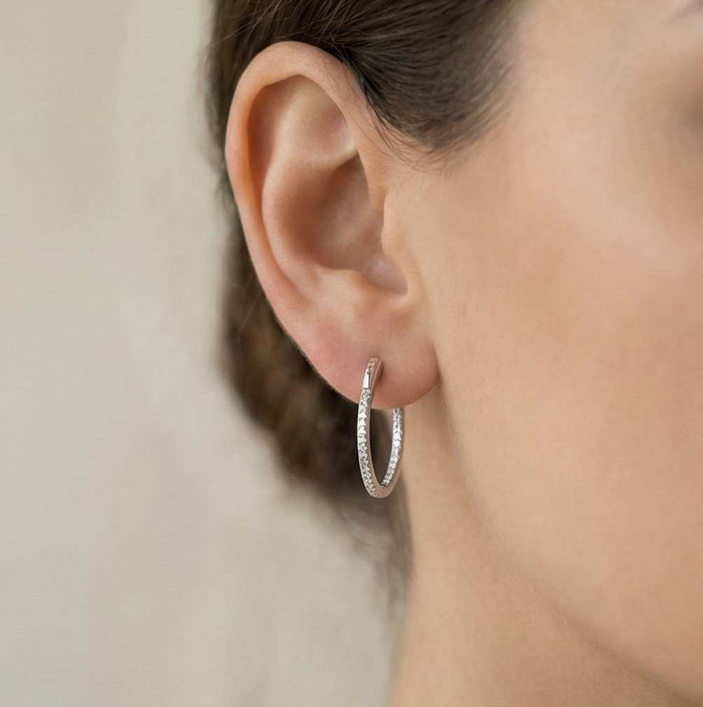 925 Sterling Silver Inside-Out Pave Oval Hoop Earrings Classic Jewellery for Women