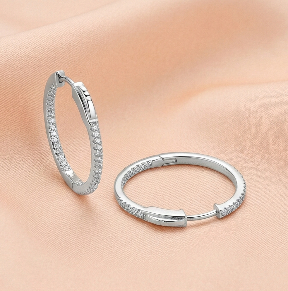 925 Sterling Silver Inside-Out Pave Oval Hoop Earrings Classic Jewellery for Women