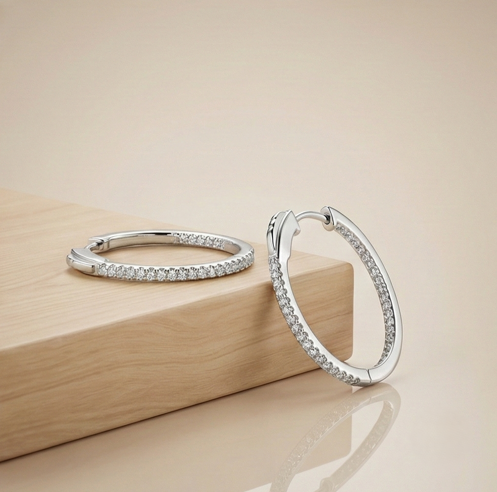 925 Sterling Silver Inside-Out Pave Oval Hoop Earrings Classic Jewellery for Women