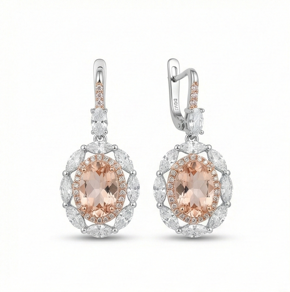 925 Sterling Silver Champagne Oval Stone Halo Drop Earrings Vintage Style Jewellery for Women