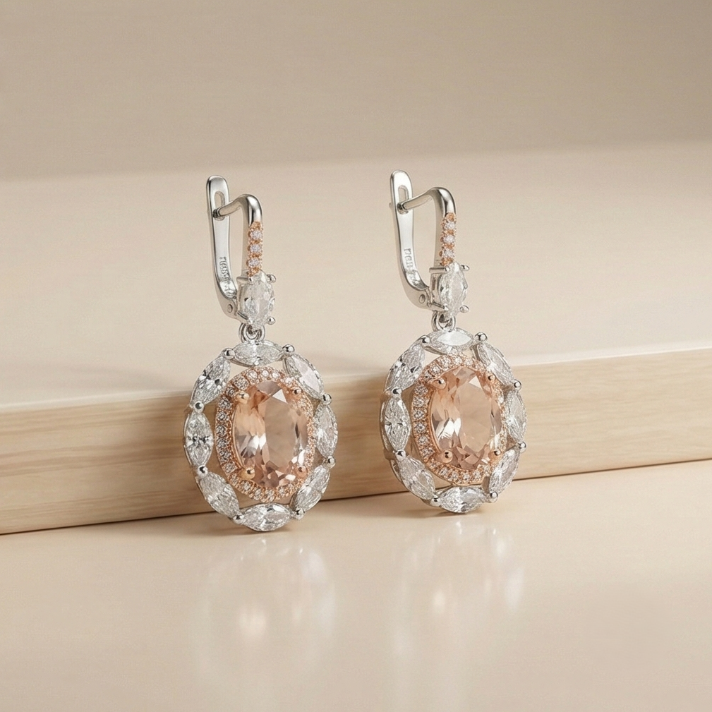 925 Sterling Silver Champagne Oval Stone Halo Drop Earrings Vintage Style Jewellery for Women