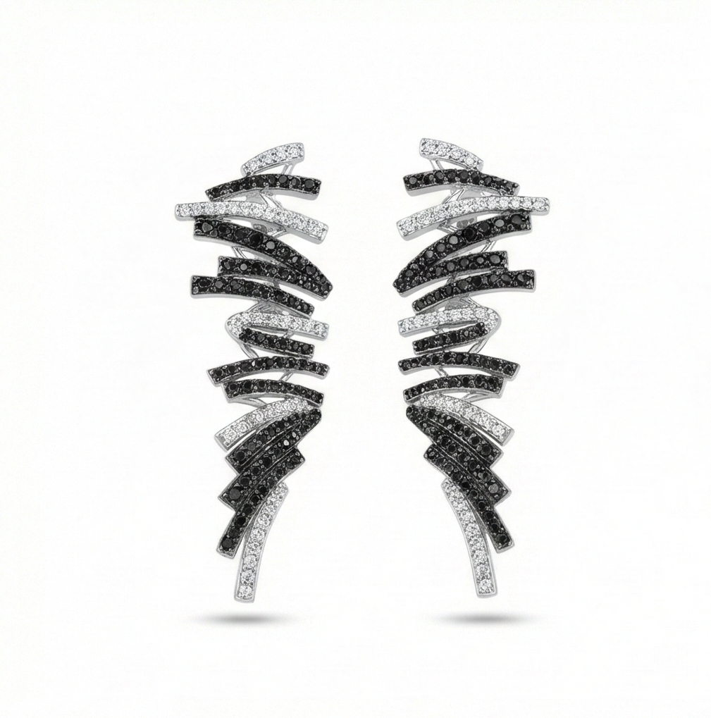 925 Sterling Silver Abstract Monochrome Ribbon Earrings Designer Jewellery for Women