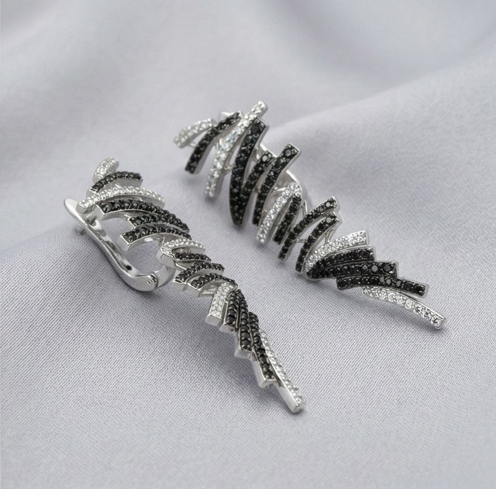 925 Sterling Silver Abstract Monochrome Ribbon Earrings Designer Jewellery for Women