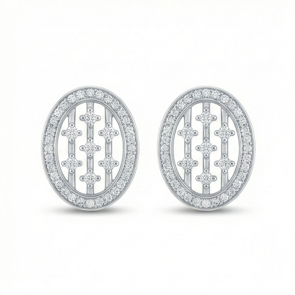 925 Sterling Silver Geometric Oval Grid Stud Earrings Modern Jewellery for Women