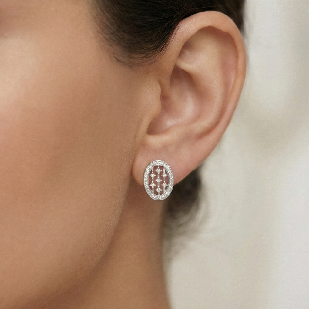 925 Sterling Silver Geometric Oval Grid Stud Earrings Modern Jewellery for Women