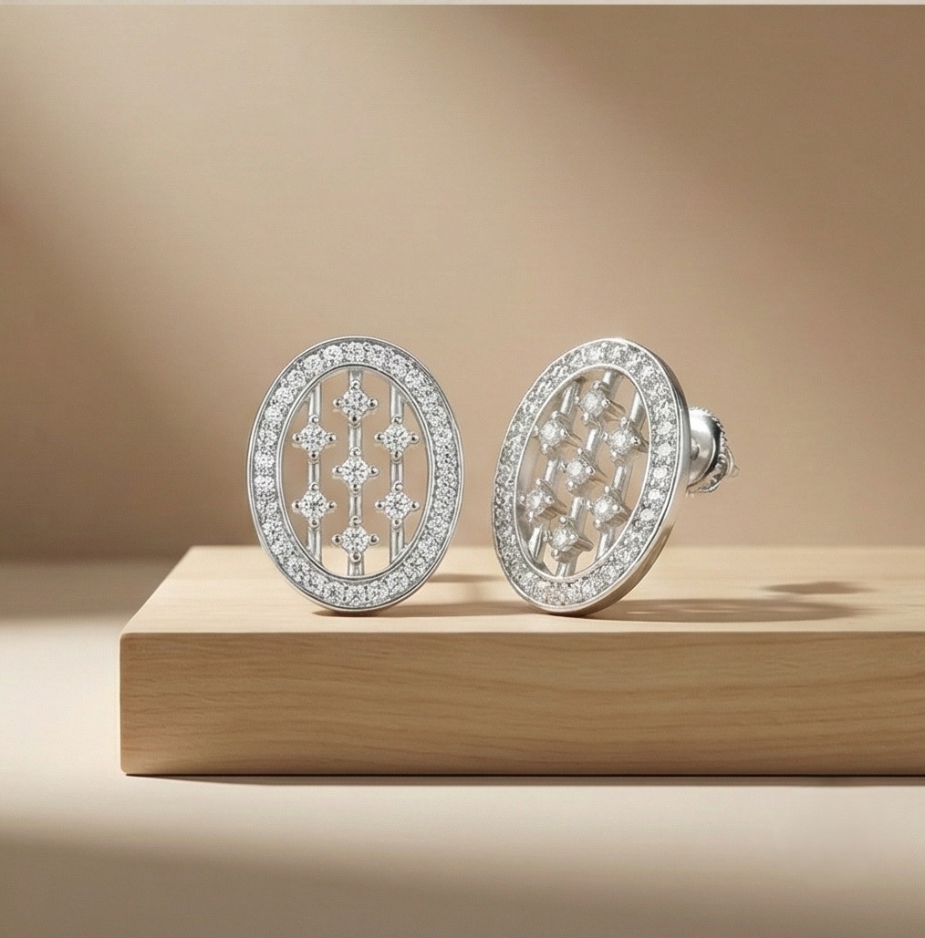 925 Sterling Silver Geometric Oval Grid Stud Earrings Modern Jewellery for Women
