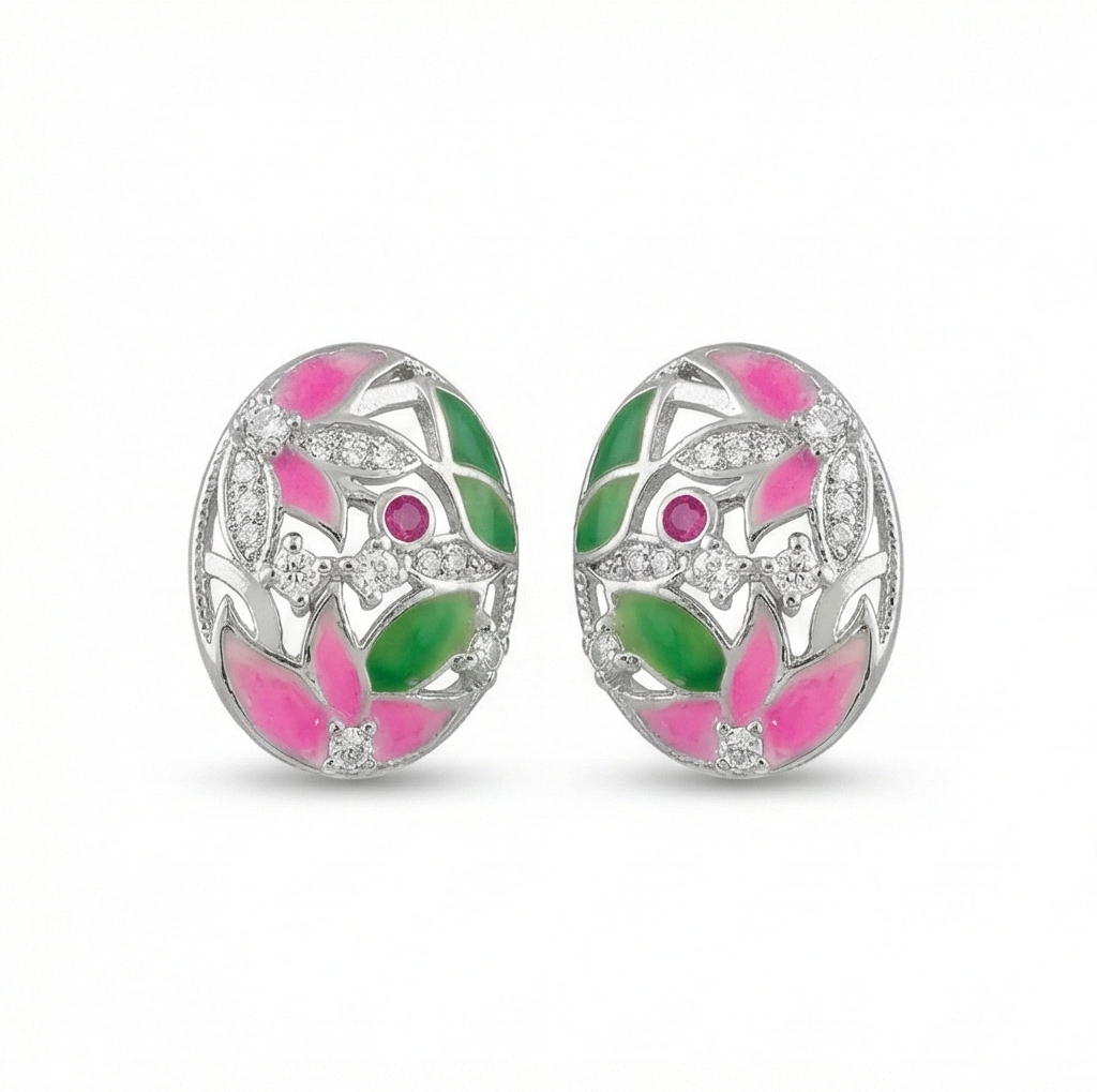 925 Sterling Silver Floral Enamel Oval Stud Earrings Colorful Jewellery for Women