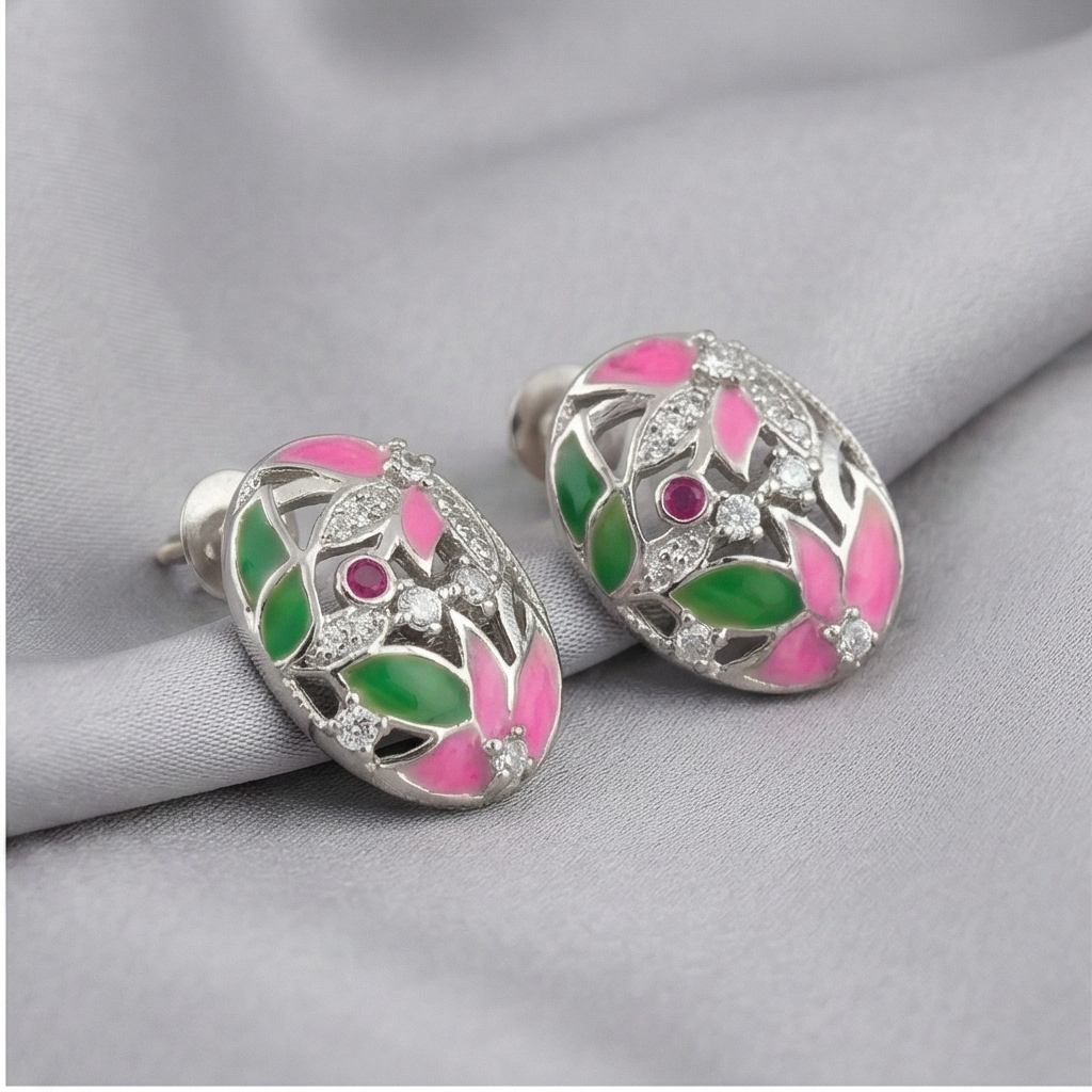 925 Sterling Silver Floral Enamel Oval Stud Earrings Colorful Jewellery for Women
