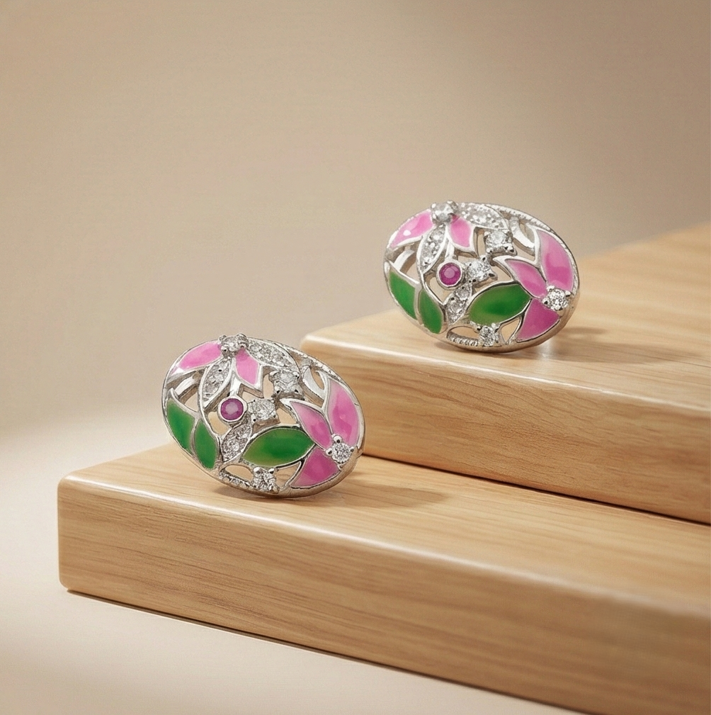 925 Sterling Silver Floral Enamel Oval Stud Earrings Colorful Jewellery for Women