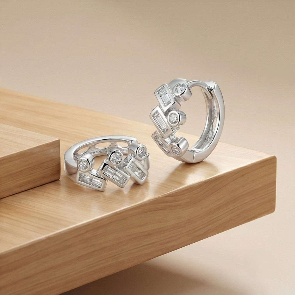 925 Sterling Silver Geometric Baguette Huggie Hoop Earrings Trendy Jewellery for Women