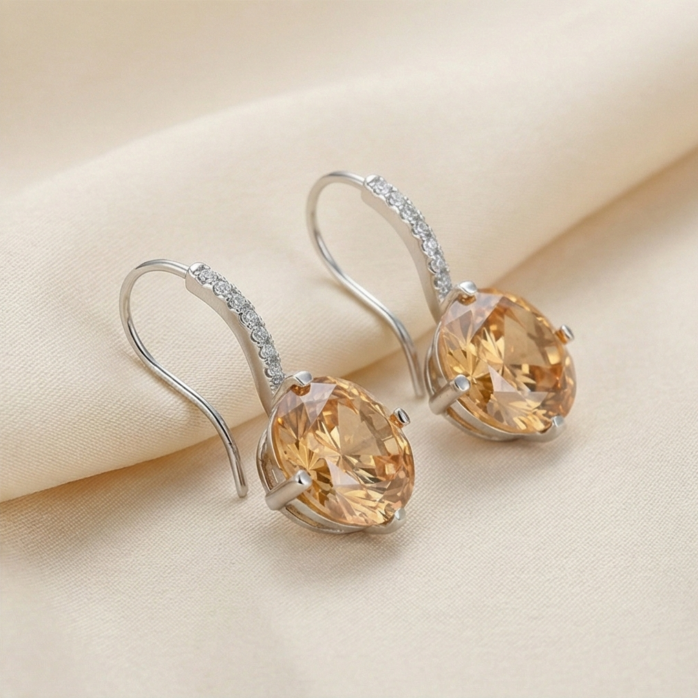 925 Sterling Silver Champagne Solitaire Drop Earrings Elegant Jewellery for Women