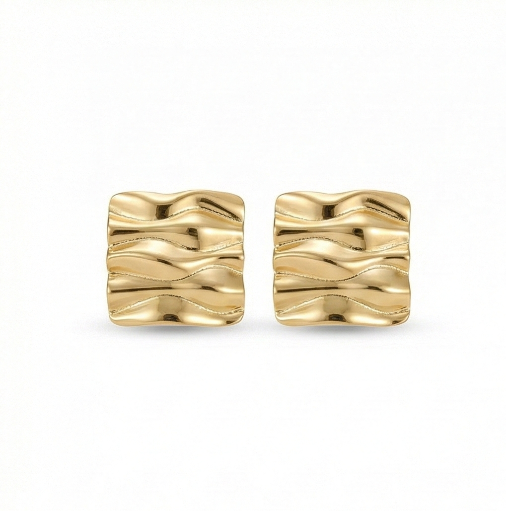 925 Sterling Silver Liquid Wave Square Stud Earrings in Gold Finish Women's Jewellery