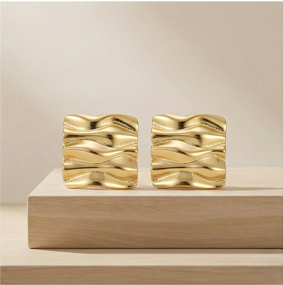 925 Sterling Silver Liquid Wave Square Stud Earrings in Gold Finish Women's Jewellery