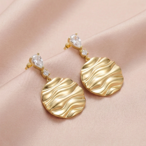 925 Sterling Silver Wavy Disc Drop Earrings in Gold Finish Women's Jewellery