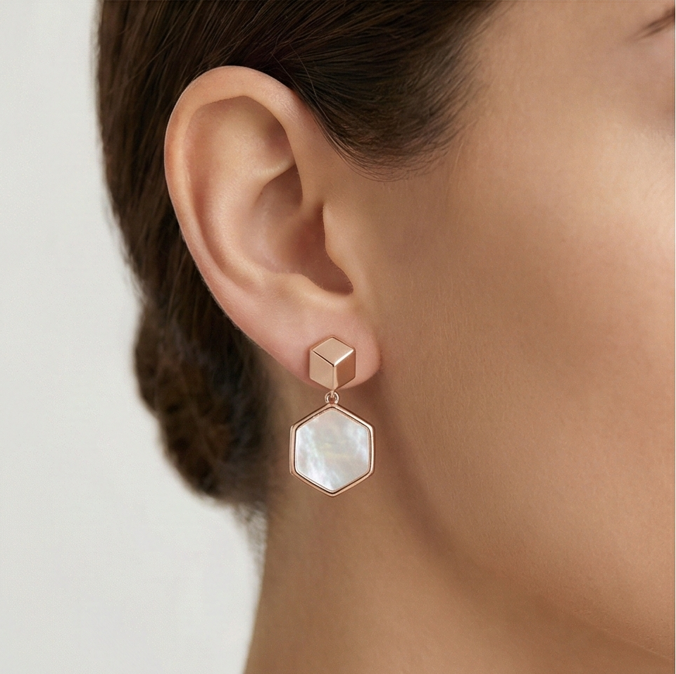 925 Sterling Silver Geometric Hexagon Drop Earrings in Rose Gold Finish Women's Jewellery