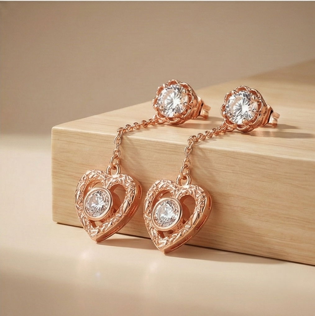 925 Sterling Silver Rose Gold Plated Heart Filigree Chain Drop Earrings Jewellery
