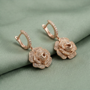 925 Sterling Silver Rose Gold Plated Blooming Rose Flower Drop Earrings Jewellery
