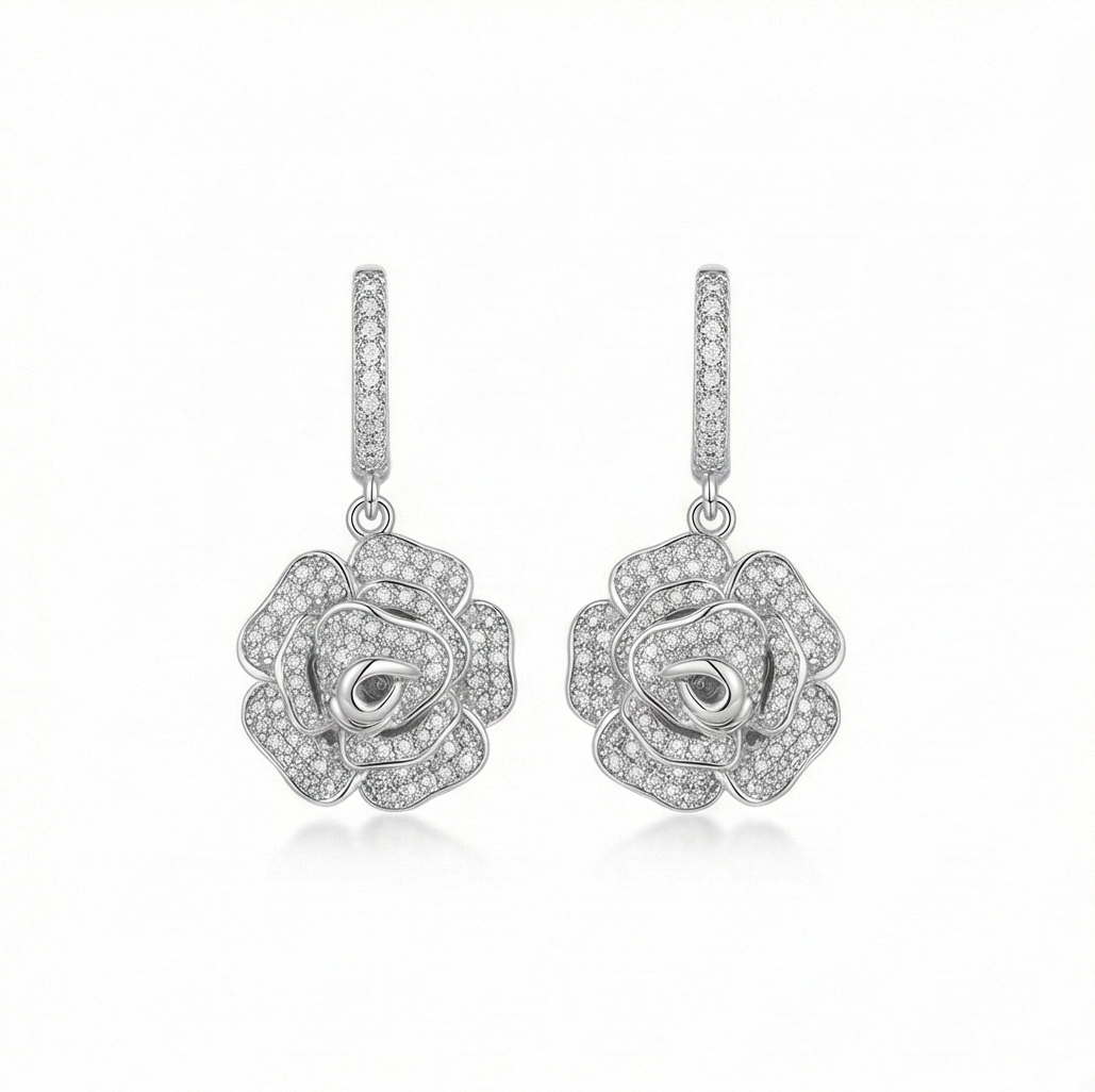 925 Sterling Silver Rhodium Plated Crystal Rose Flower Drop Earrings Jewellery