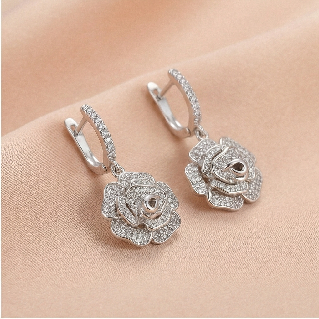 925 Sterling Silver Rhodium Plated Crystal Rose Flower Drop Earrings Jewellery