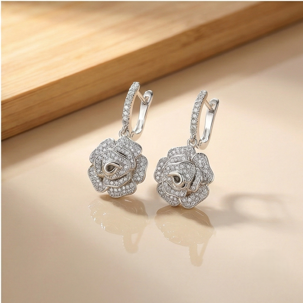 925 Sterling Silver Rhodium Plated Crystal Rose Flower Drop Earrings Jewellery