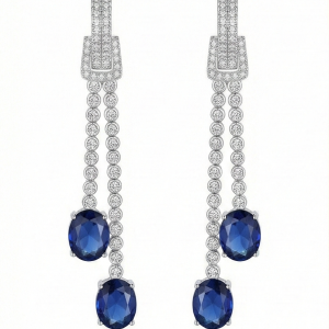 925 Sterling Silver Long Linear Drop Earrings with Blue Oval Gemstones Jewellery