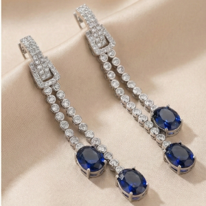 925 Sterling Silver Long Linear Drop Earrings with Blue Oval Gemstones Jewellery