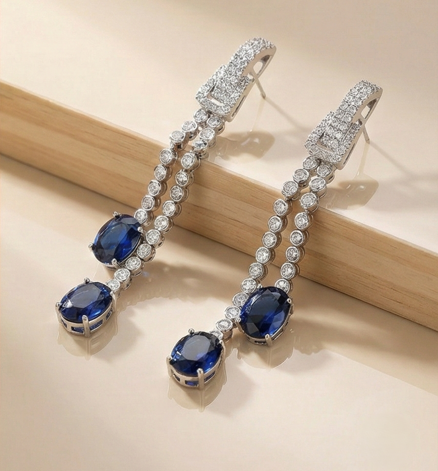 925 Sterling Silver Long Linear Drop Earrings with Blue Oval Gemstones Jewellery