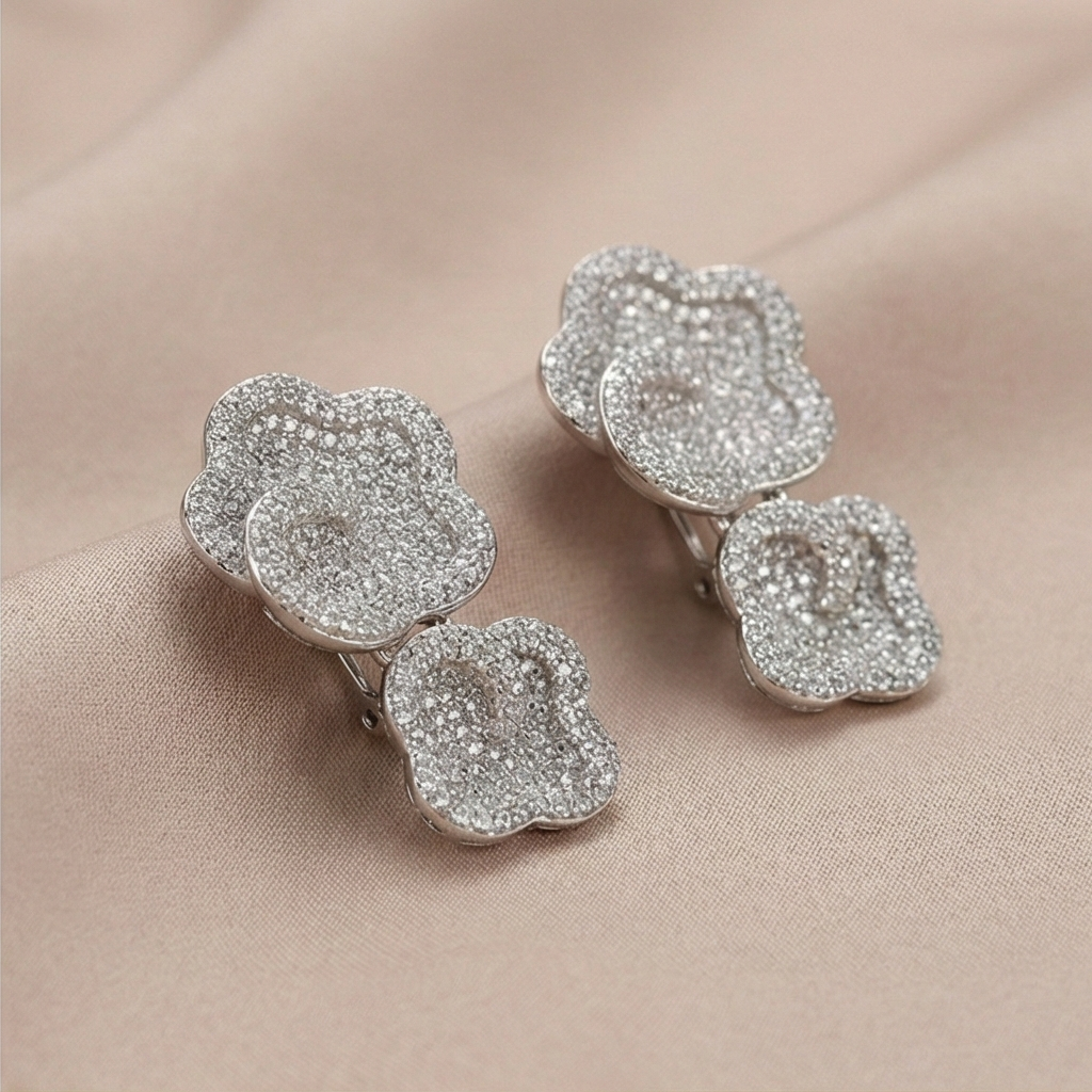925 Sterling Silver Double Tier Floral Statement Pave Earrings Jewellery