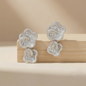 925 Sterling Silver Double Tier Floral Statement Pave Earrings Jewellery