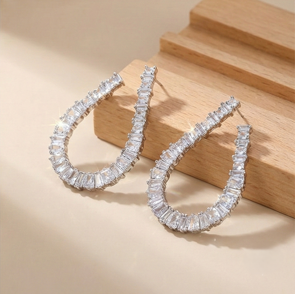 925 Sterling Silver Baguette Cut Open Hoop Earrings Jewellery for Women