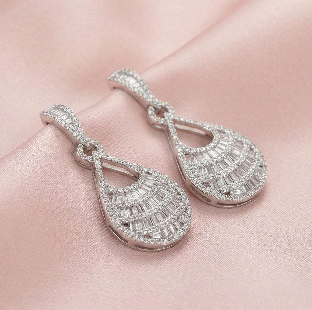 925 Sterling Silver Layered Baguette Drop Earrings High Polish Rhodium Women's Jewellery