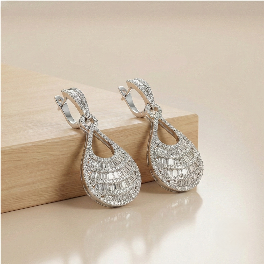 925 Sterling Silver Layered Baguette Drop Earrings High Polish Rhodium Women's Jewellery