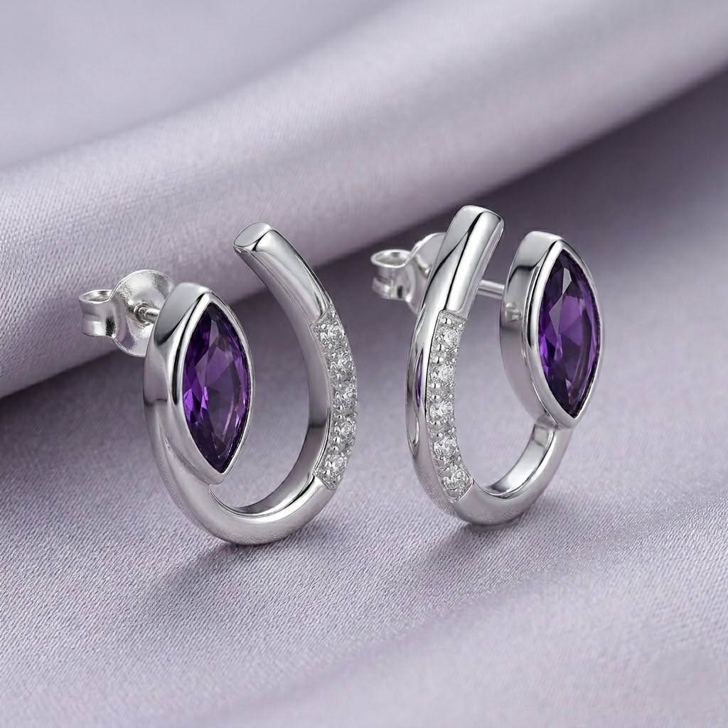 925 Sterling Silver Modern Sweep Amethyst Color Earrings High Polish Rhodium Women's Jewellery
