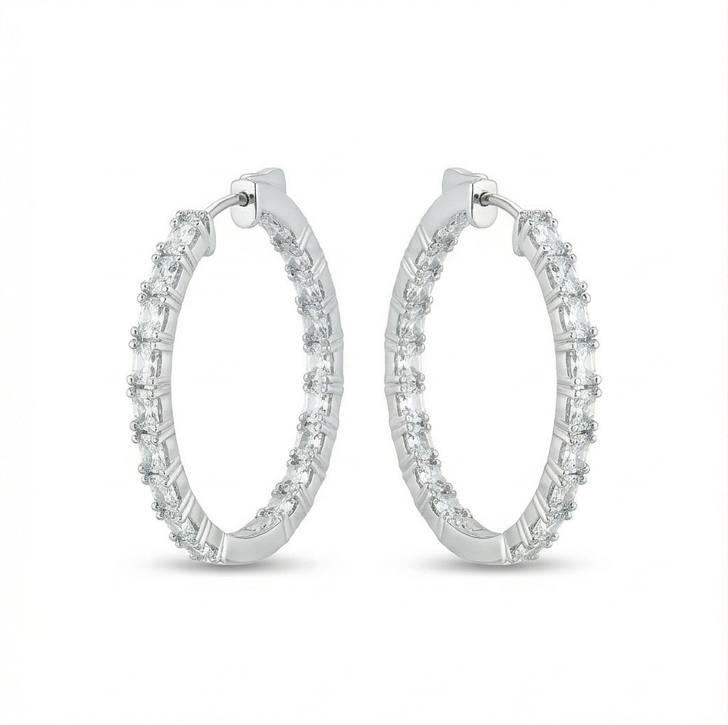 925 Sterling Silver Classic Baguette Hoop Earrings High Polish Rhodium Women’s Jewellery