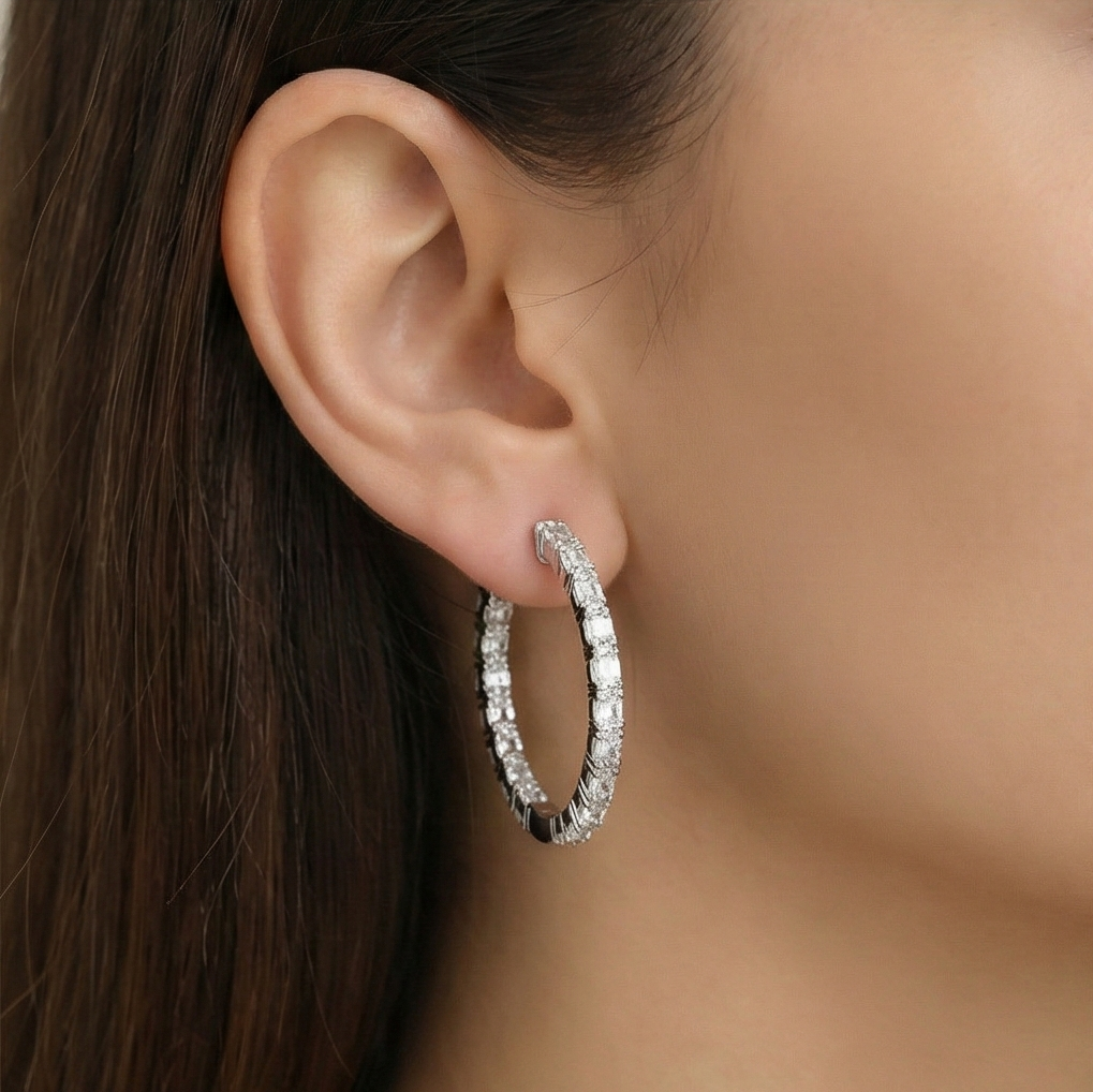 925 Sterling Silver Classic Baguette Hoop Earrings High Polish Rhodium Women's Jewellery