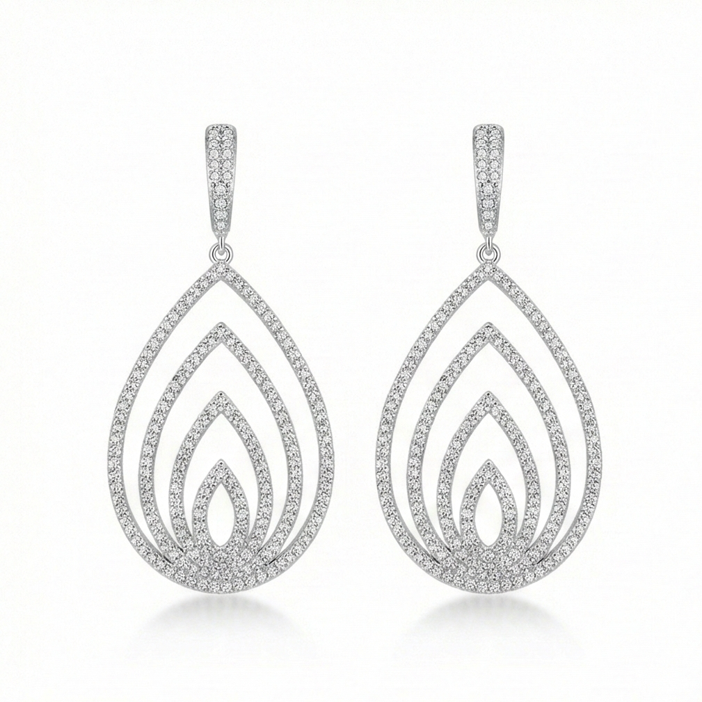 925 Sterling Silver Layered Teardrop Dangle Earrings High Polish Rhodium Women's Jewellery