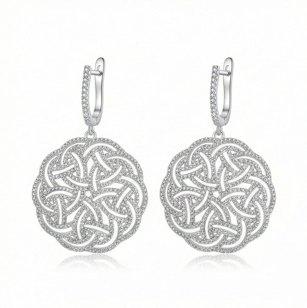925 Sterling Silver Intricate Celtic Knot Drop Earrings High Polish Rhodium Women's Jewellery