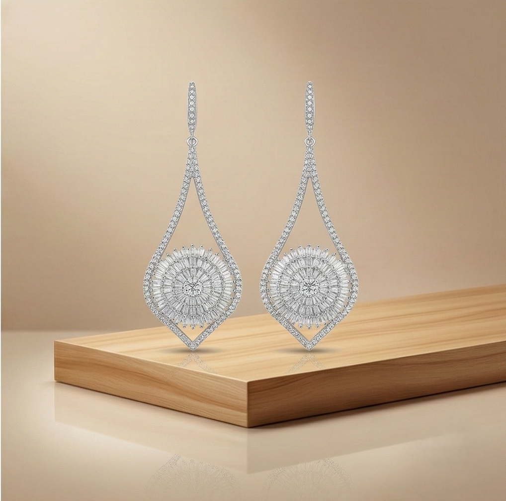 925 Sterling Silver Sunburst Teardrop Dangle Earrings High Polish Rhodium Women's Jewellery
