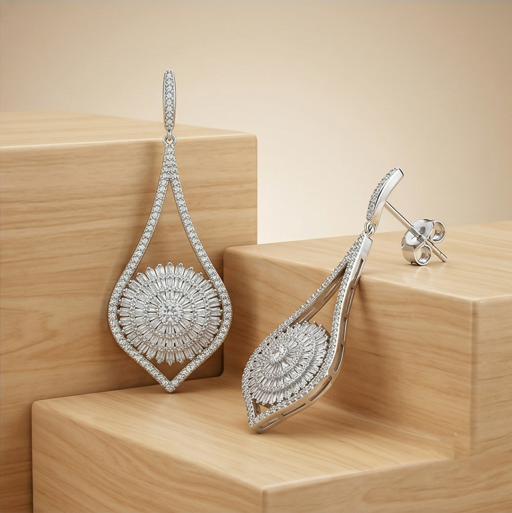 925 Sterling Silver Sunburst Teardrop Dangle Earrings High Polish Rhodium Women's Jewellery