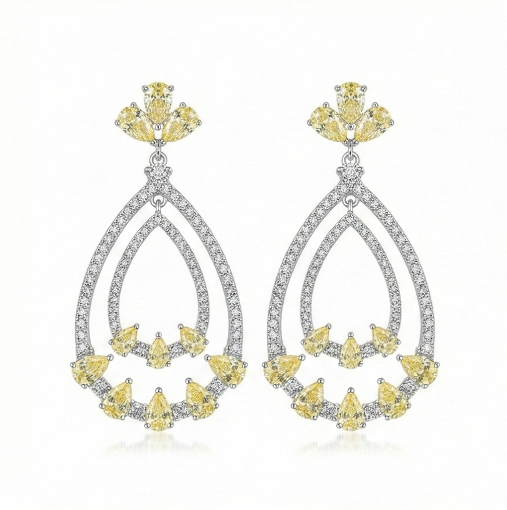 925 Sterling Silver Yellow Teardrop Chandelier Earrings High Polish Rhodium Women's Jewellery