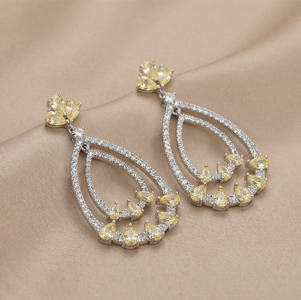 925 Sterling Silver Yellow Teardrop Chandelier Earrings High Polish Rhodium Women's Jewellery