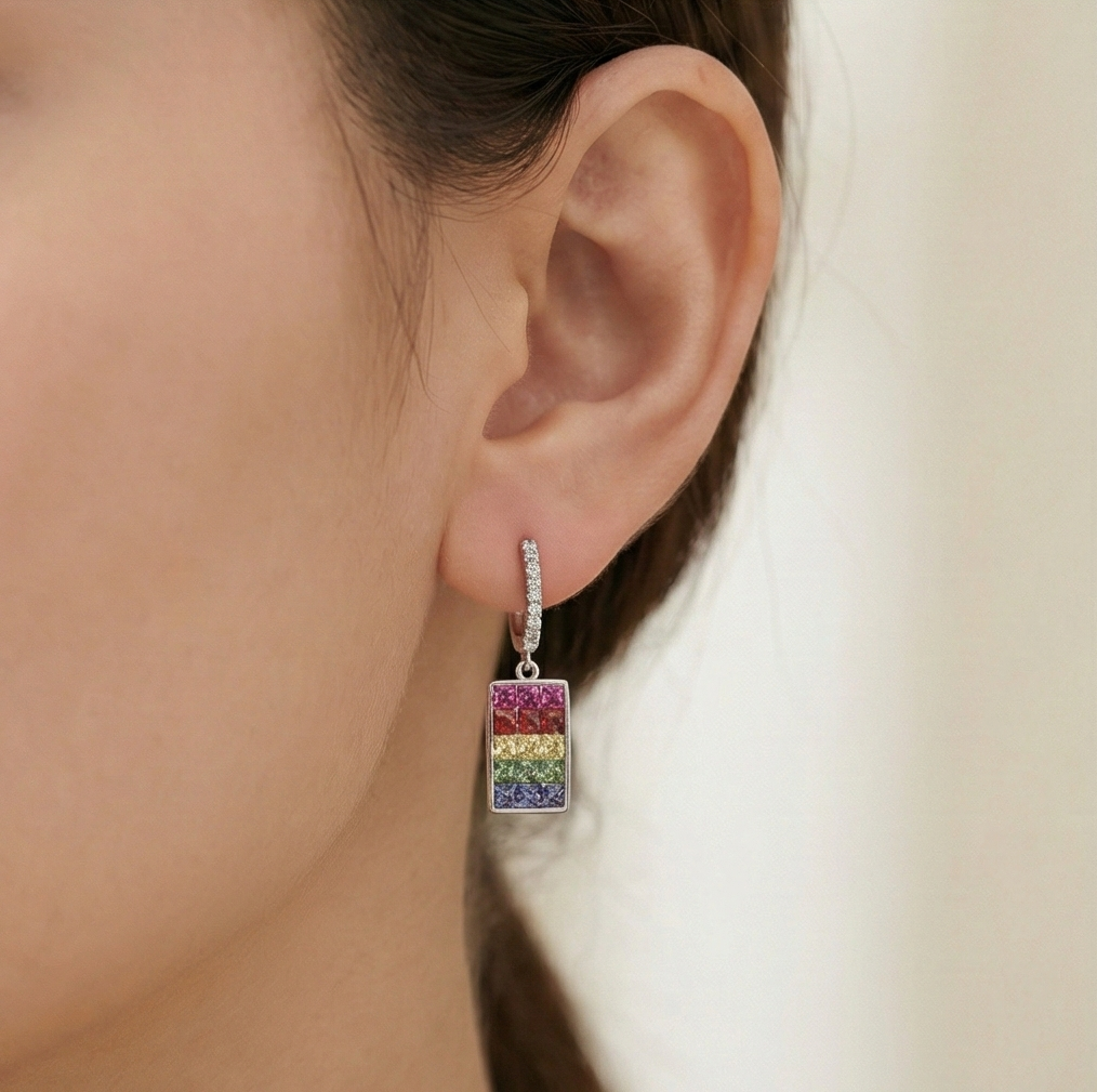 925 Sterling Silver Rainbow Rectangular Drop Earrings High Polish Rhodium Finish Statement Jewellery for Women