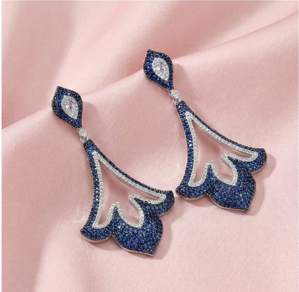925 Sterling Silver Blue Filigree Chandelier Earrings High Polish Rhodium Finish Statement Jewellery for Women